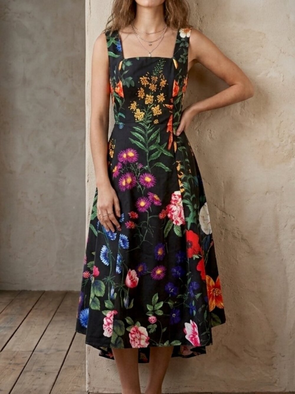 Mew Mews Black Floral Beaded Midi Dress Small 0 2 4 Fit Flare A Line Garden